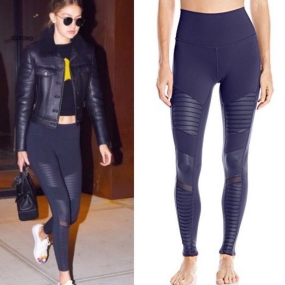 ALO YOGA High Waist Moto Sport Leggings with Mesh Panels Navy Blue XS